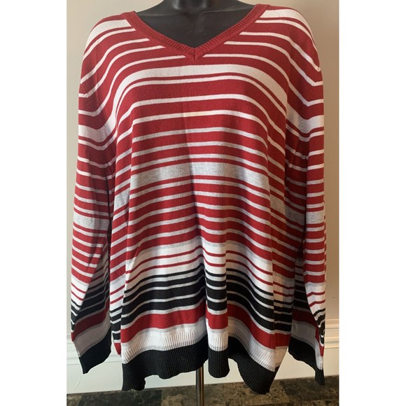 Women's Liz Clairborne Long Sleeve Red Black White Pullover V-Neck Sweater - Picture 3 of 6